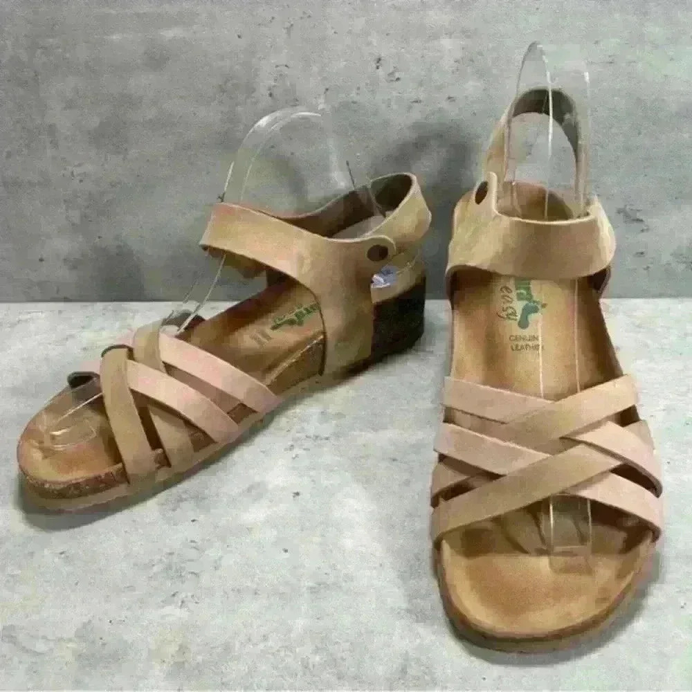 BioNatura Comfort Leather Wedge Sandals Tan Rose Straps Sarafina EU‎ 41 Sz 9.5